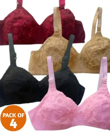 Pack of 4 cotton chicken embroidery non-padded bras for women and girls in Pakistan