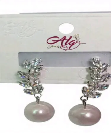 Elegant crystal leaf pearl drop earrings for women in silver, suitable for party and formal wear.