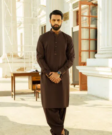 Men's premium brown unstitched wash & wear shalwar kameez suit for casual and formal wear.