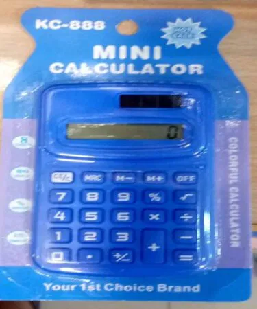 Mini portable 8-digit LCD calculator, battery operated, assorted colors, ideal for Pakistan