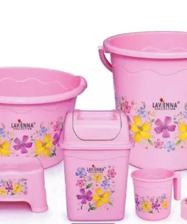 Laveena 6 piece plastic bath set for washrooms in random colors, available in Pakistan