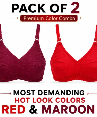 Pack of 2 women's soft cotton bras in red and maroon, non-padded, non-wired, sizes 32-42.