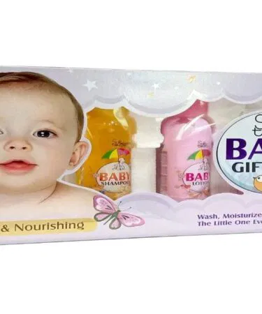 Soft Touch Baby Gift Box with lotion, shampoo, powder, and soap for newborn hygiene in Pakistan.