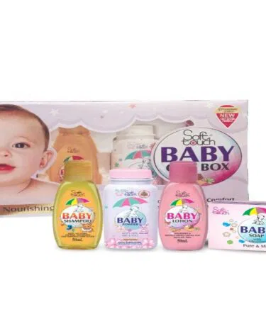 Soft Touch Baby Gift Box with lotion, shampoo, powder, and soap for newborn hygiene in Pakistan.
