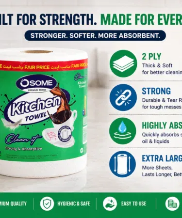 Premium kitchen towel roll, strong, highly absorbent, multi-purpose cleaning tissue, soft, durable, single roll, sold in Pakistan
