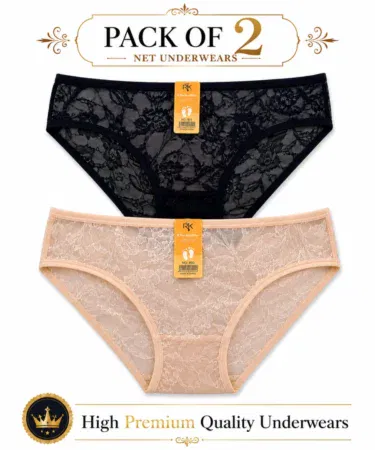 Pack of 2 women's premium net lace underwears, soft stretchable mesh panties, black & skin color, for girls and women.
