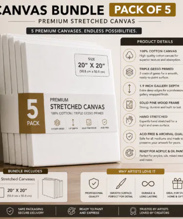 Premium 20x20 inch stretched artist canvas bundle of 5, 1.9 inch deep gallery wood frame, 100% cotton, triple gesso primed