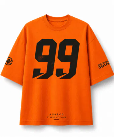 Men's orange oversized baggy graphic t-shirt with black 99 print, cotton blend, sold in Pakistan