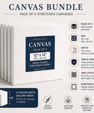 Fanan 12x12 inch stretched canvas pack of 5, 1.9 inch gallery wrap, triple gesso coated cotton