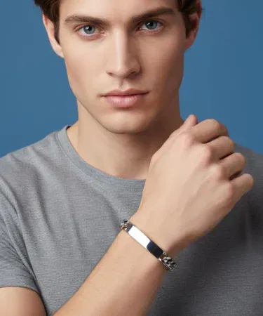 Men's 8-inch stainless steel classic curb chain ID bracelet with secure clasp, sold in Pakistan.