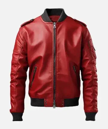 Men's stylish red bomber leather jacket, a fashionable outerwear for sale in Pakistan.