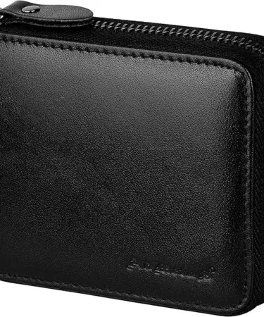 Premium genuine leather zip-around bifold wallet for men with secure closure and compact design.