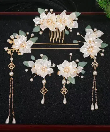 Tea Flower Hanfu Hair Accessories Set for Women & Girls with Tassel Hairpin