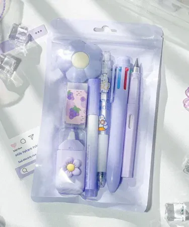 Cute cartoon stationery set for kids with color pens, sticky notes, eraser, and storage box.