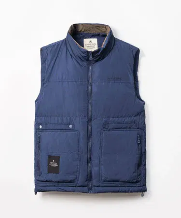 Navy sleeveless quilted jacket for men with stand-up collar and front zip closure, sold in Pakistan.
