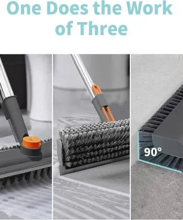 Gray 3-in-1 floor scrub brush with long handle, stiff bristles, and scraper for sale in Pakistan