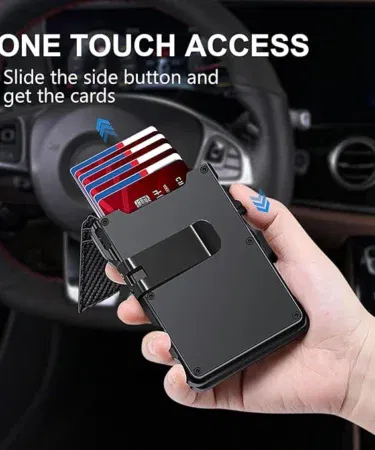 AirTag compatible smart RFID blocking wallet for men, pop-up aluminum bifold card holder
