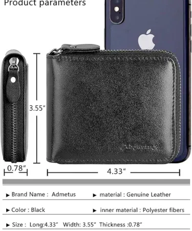 Premium genuine leather zip-around bifold wallet for men with secure closure and compact design.