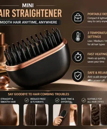 Portable mini hair straightener brush with 3 temperature settings and anti-scald design for smooth hair in Pakistan