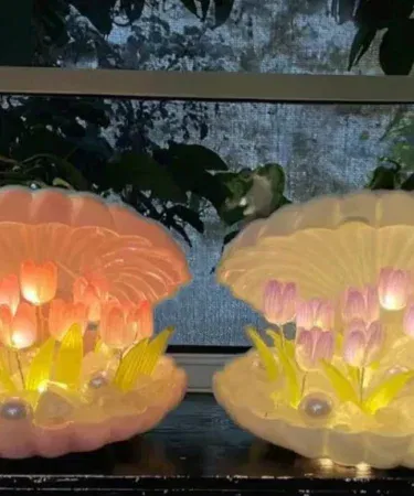 Beautiful multi-color tulip flower night light decoration in a square box, perfect for any room.
