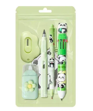 Cute cartoon stationery set for kids with color pens, sticky notes, eraser, and storage box.