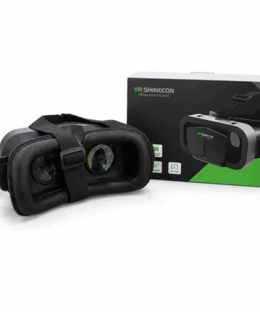 VR SHINECON G10 black virtual reality headset for Android & iPhone with adjustable lens and 4.7-7.2 inch smartphone support.