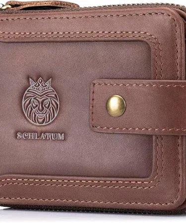 Premium genuine leather RFID blocking zipper wallet for men with coin pocket and ID window in coffee brown.