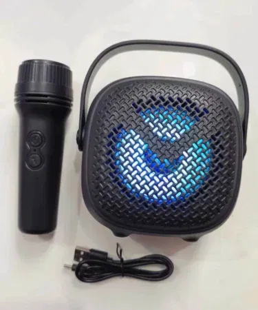 Portable karaoke Bluetooth speaker with wireless microphone and LED lights, USB/TF support, rechargeable.