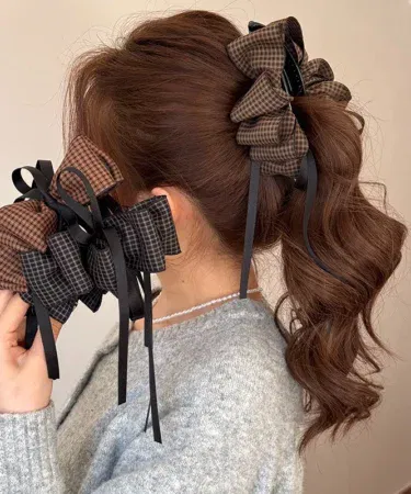 Korean Plaid Layered Bow Hair Clip | Khareedo