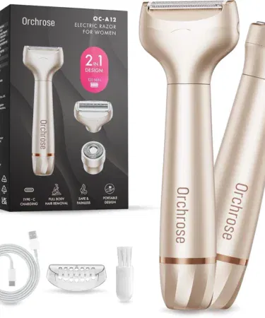 Rechargeable 2-in-1 electric lady shaver for women, painless hair removal, waterproof, for face, legs, bikini.