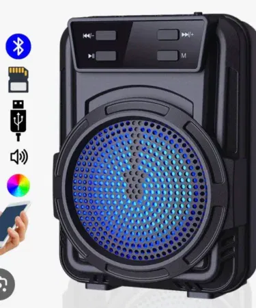 Mini wireless Bluetooth speaker with RGB lights, deep bass, rechargeable battery, and FM radio, sold in Pakistan.