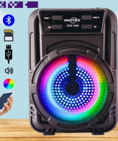 Mini wireless Bluetooth speaker with RGB lights, deep bass, rechargeable battery, and FM radio, sold in Pakistan.