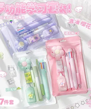 Cute cartoon kawaii stationery set for kids with pens, sticky notes, and eraser box.