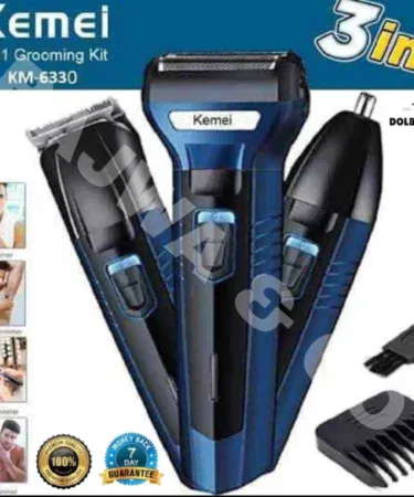 Rechargeable 3-in-1 grooming kit for men with hair, beard, and nose trimmers sold in Pakistan.
