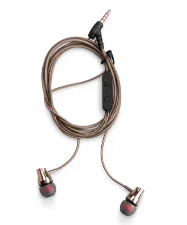Brown 3.5mm wired stereo earphones with microphone and volume control for Android phones and laptops sold in Pakistan