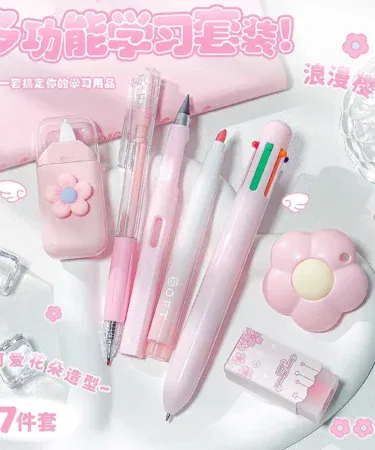 Cute cartoon kawaii stationery set for kids with pens, sticky notes, and eraser box.