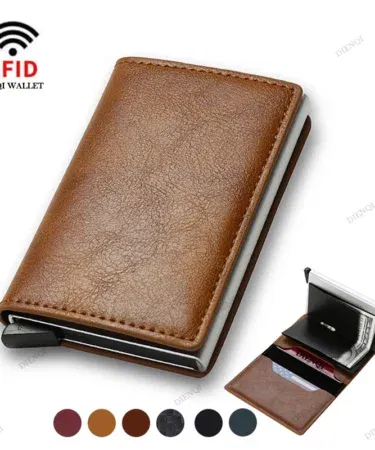 Brown leather pop-up card holder wallet for men with RFID blocking, suitable for all seasons, sold in Pakistan.