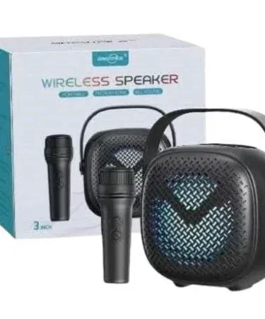 Portable karaoke Bluetooth speaker with wireless microphone and LED lights, USB/TF support, rechargeable.