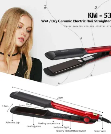 Professional ceramic hair straightener with fast heating and temperature control for smooth, silky hair in Pakistan.