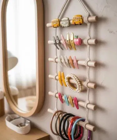 Handmade macrame hair clip organizer boho wall hanging for girls and women in Pakistan