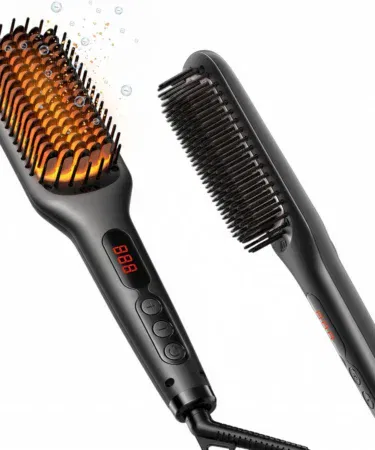 Professional ceramic ionic hair straightener brush with fast heating and anti-scald design, dual voltage, sold in Pakistan.