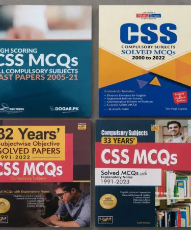 Set of four CSS Compulsory Subjects Solved MCQS books from 1991-2023 by HSM, JWT, Dogar Brothers.