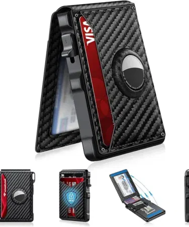 AirTag compatible smart RFID blocking wallet for men, pop-up aluminum bifold card holder