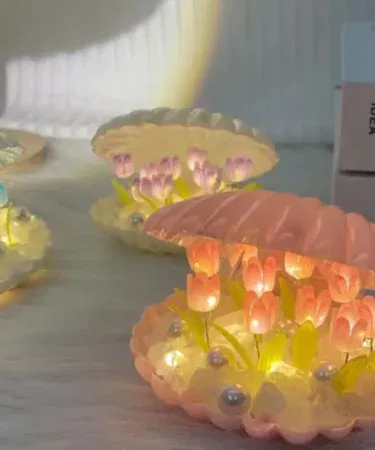Beautiful multi-color tulip flower night light decoration in a square box, perfect for any room.