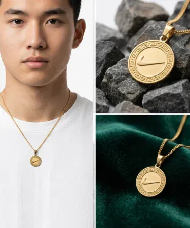 Nike inspired gold coin pendant necklace for men and women, stainless steel round medallion chain