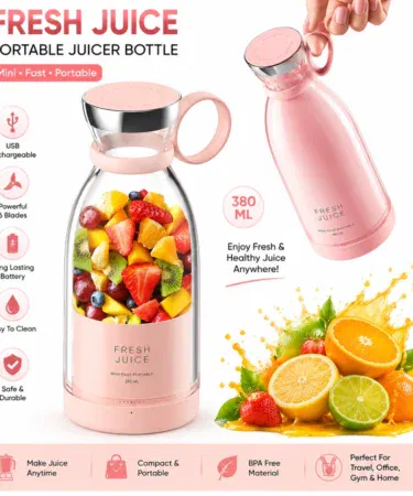 Portable 380ML rechargeable juicer blender with 6 stainless steel blades, USB powered, ideal for smoothies and dry fruits.