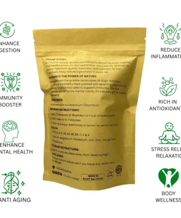 Chumik Shamdun Herbal Tea 50g pouch, loose leaf, organic, caffeine-free, from Gilgit Baltistan.