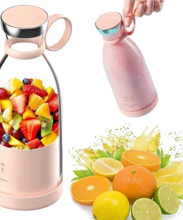 Portable 380ML rechargeable juicer blender with 6 stainless steel blades, USB powered, ideal for smoothies and dry fruits.