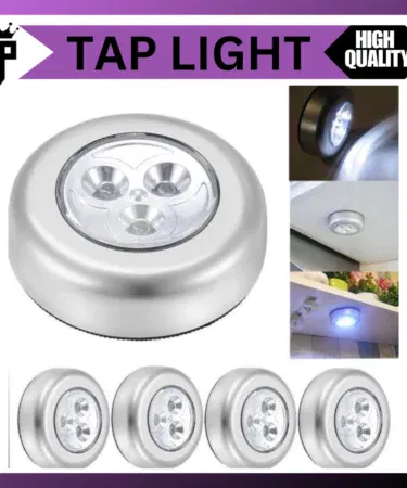 Wireless LED puck light, stick-anywhere, portable, battery-operated, low white light, for cabinets, hallways, bathrooms, bedrooms, kitchens