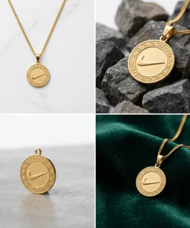 Nike inspired gold coin pendant necklace for men and women, stainless steel round medallion chain
